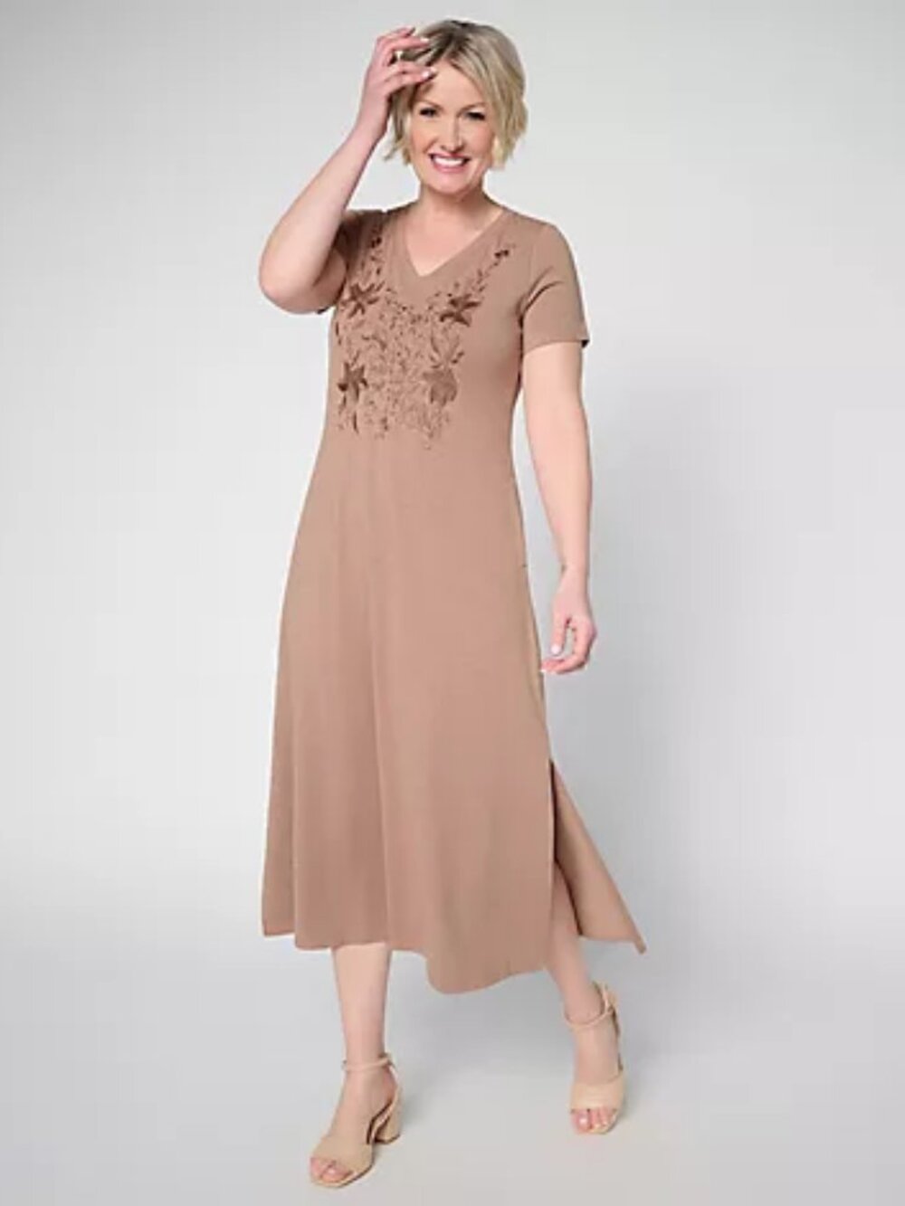 Belle by Kim Gravel Regular Slub Knit Blushing Blooms Maxi Dress, Sz XXS a721567